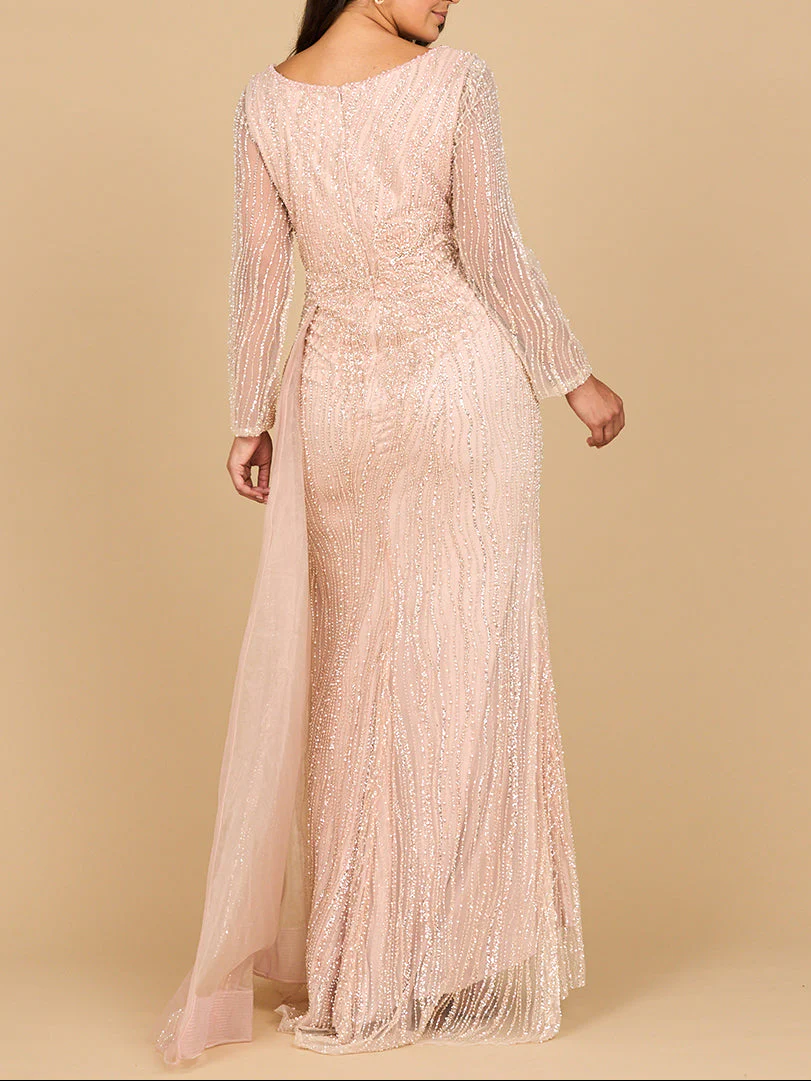 Long Sleeve V-Neck Gown with Drape - Image 5