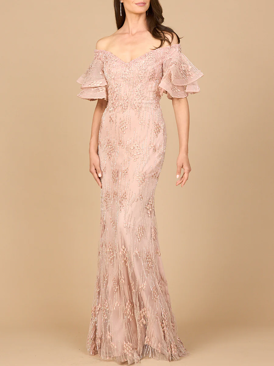 Off Shoulder Mermaid Gown with Tiered Sleeves