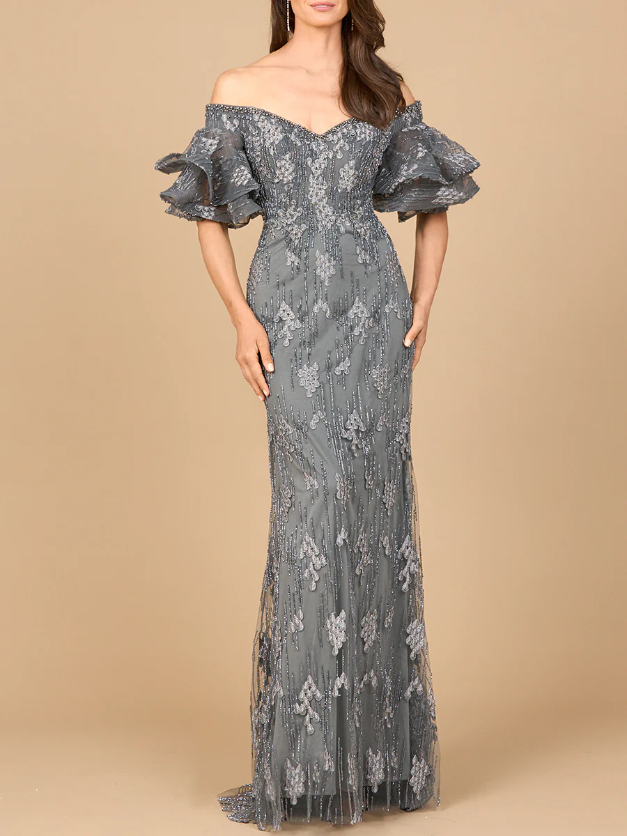 Off Shoulder Mermaid Gown with Tiered Sleeves - Image 2
