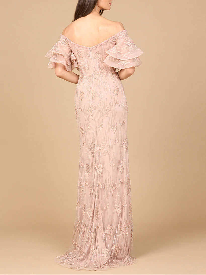 Off Shoulder Mermaid Gown with Tiered Sleeves - Image 3