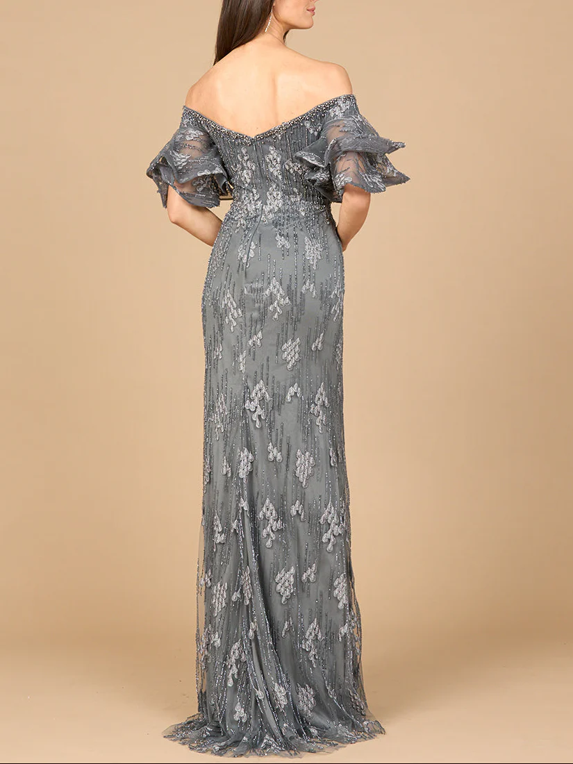 Off Shoulder Mermaid Gown with Tiered Sleeves - Image 4