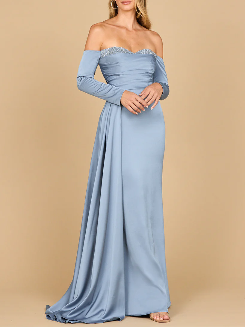 Lara 28936 - Off Shoulder Satin Dress with Beaded Details - Image 3
