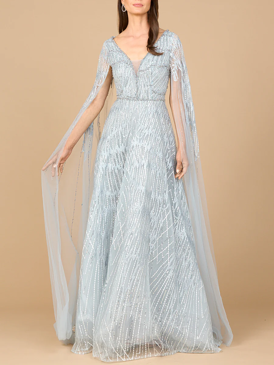 Embellished Gown with Cape Sleeves