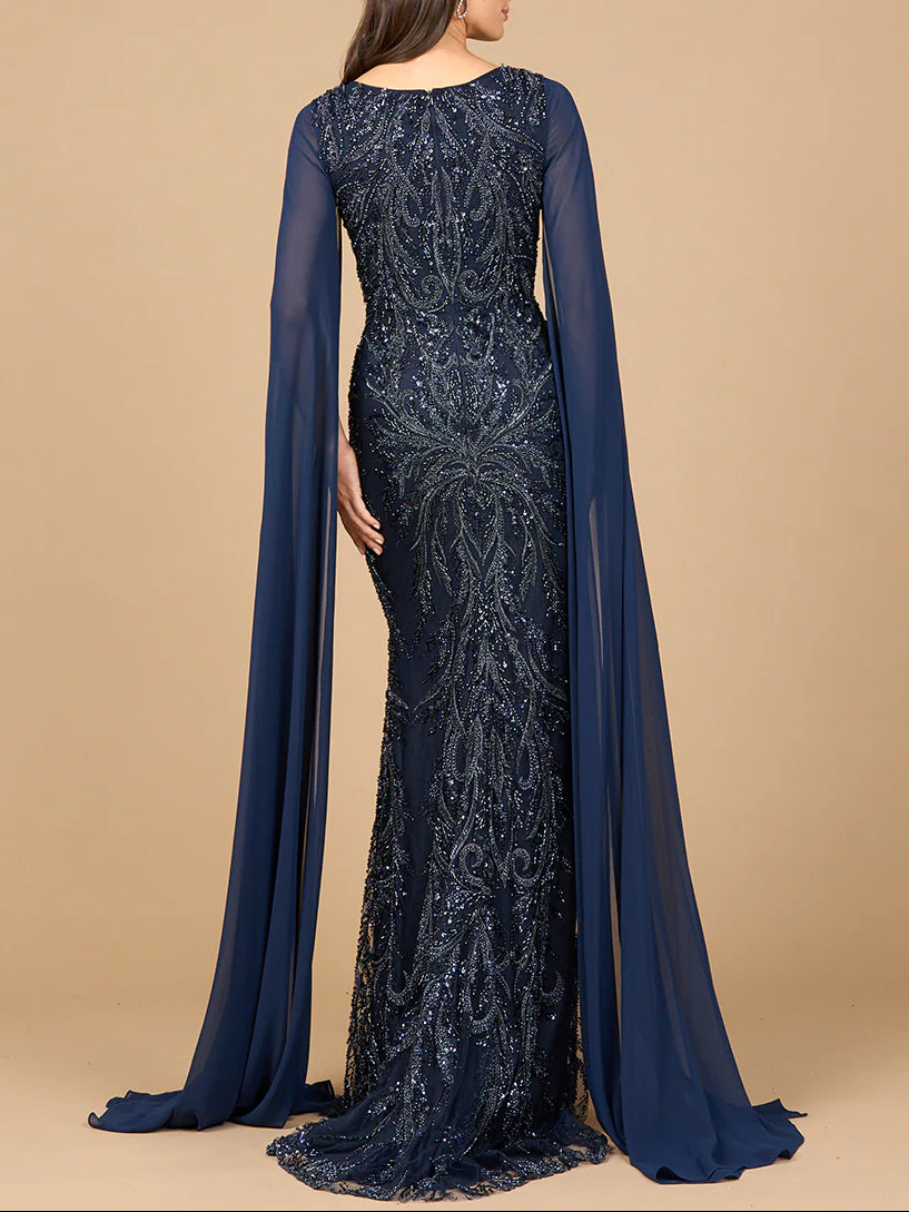 High Neck Gown with Chiffon Cape Sleeves - Image 2