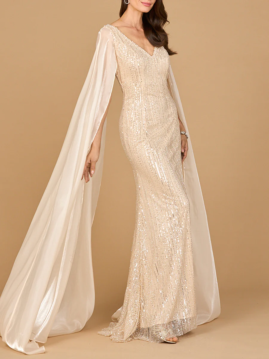Beaded Gown with Satin Cape Sleeves - Image 2