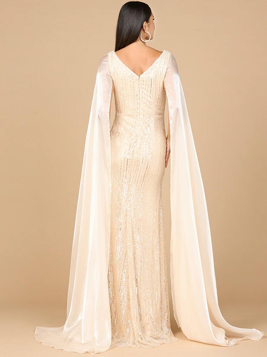 Beaded Gown with Satin Cape Sleeves - Image 3