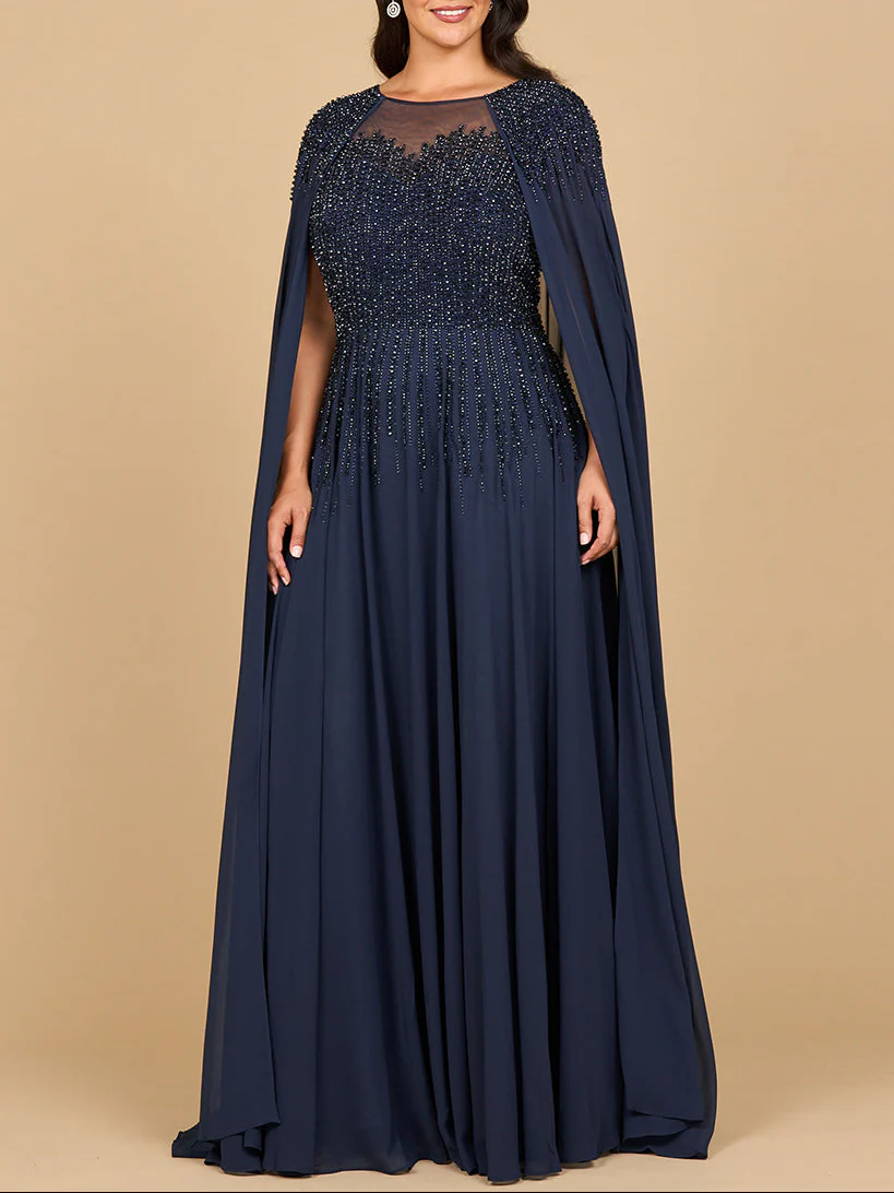 Lara 28943- Chiffon A-line Long Gown with Long Cape Sleeves - Image 2