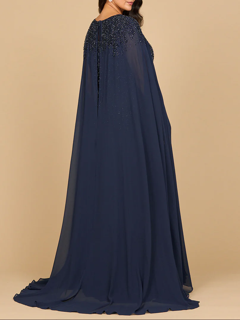Lara 28943- Chiffon A-line Long Gown with Long Cape Sleeves - Image 3