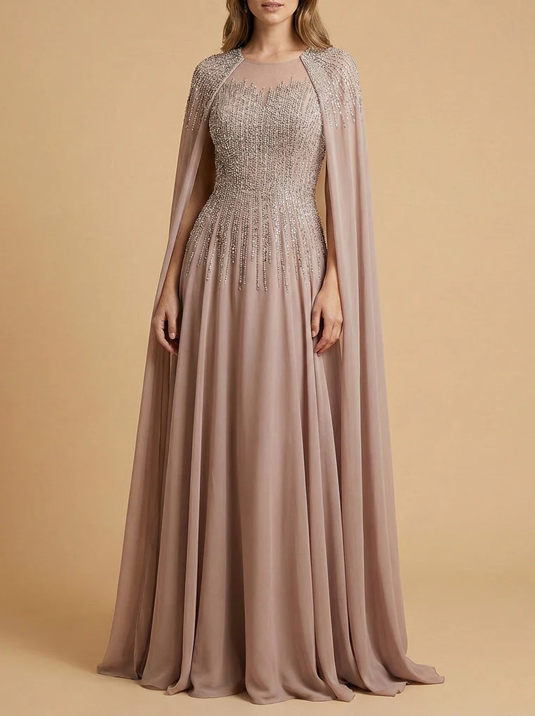Lara 28943- Chiffon A-line Long Gown with Long Cape Sleeves - Image 4