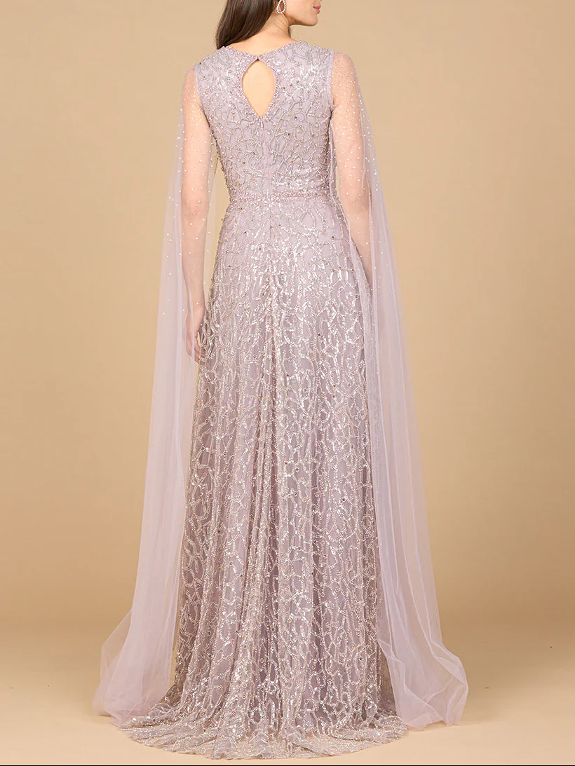 Beaded Lace Gown with Cape Sleeves - Image 2