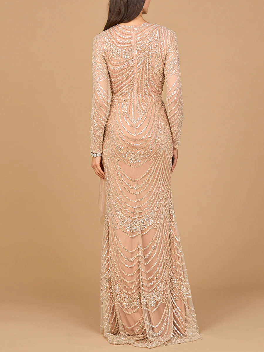 Beaded Long Sleeve Gown with Tulle Applique - Image 2