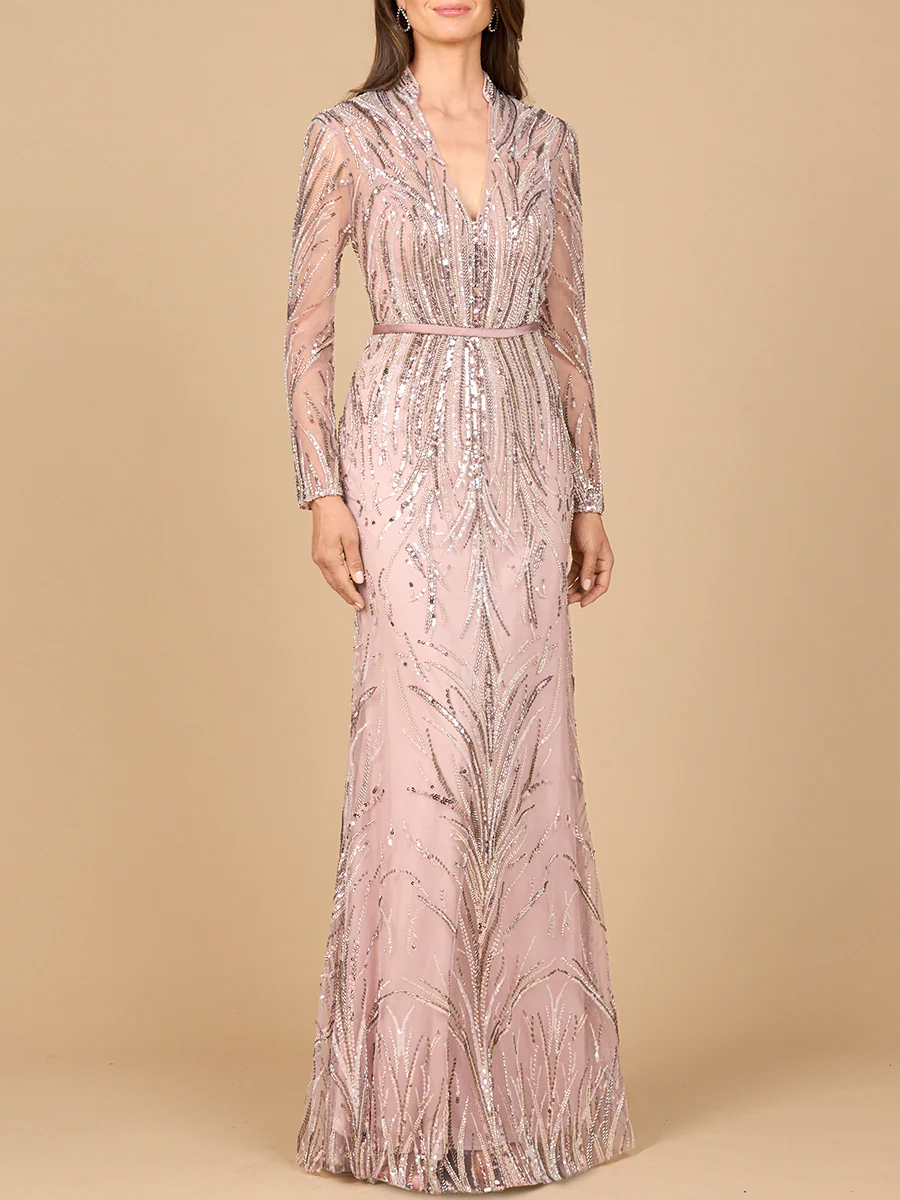 Mandarin V-Neck Gown with Long Sleeves - Image 2