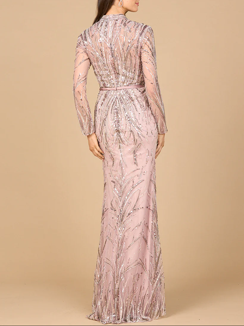 Mandarin V-Neck Gown with Long Sleeves - Image 4