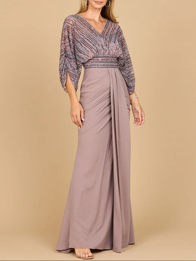 Lara 28950- Draped Skirt Gown with Cape Sleeves