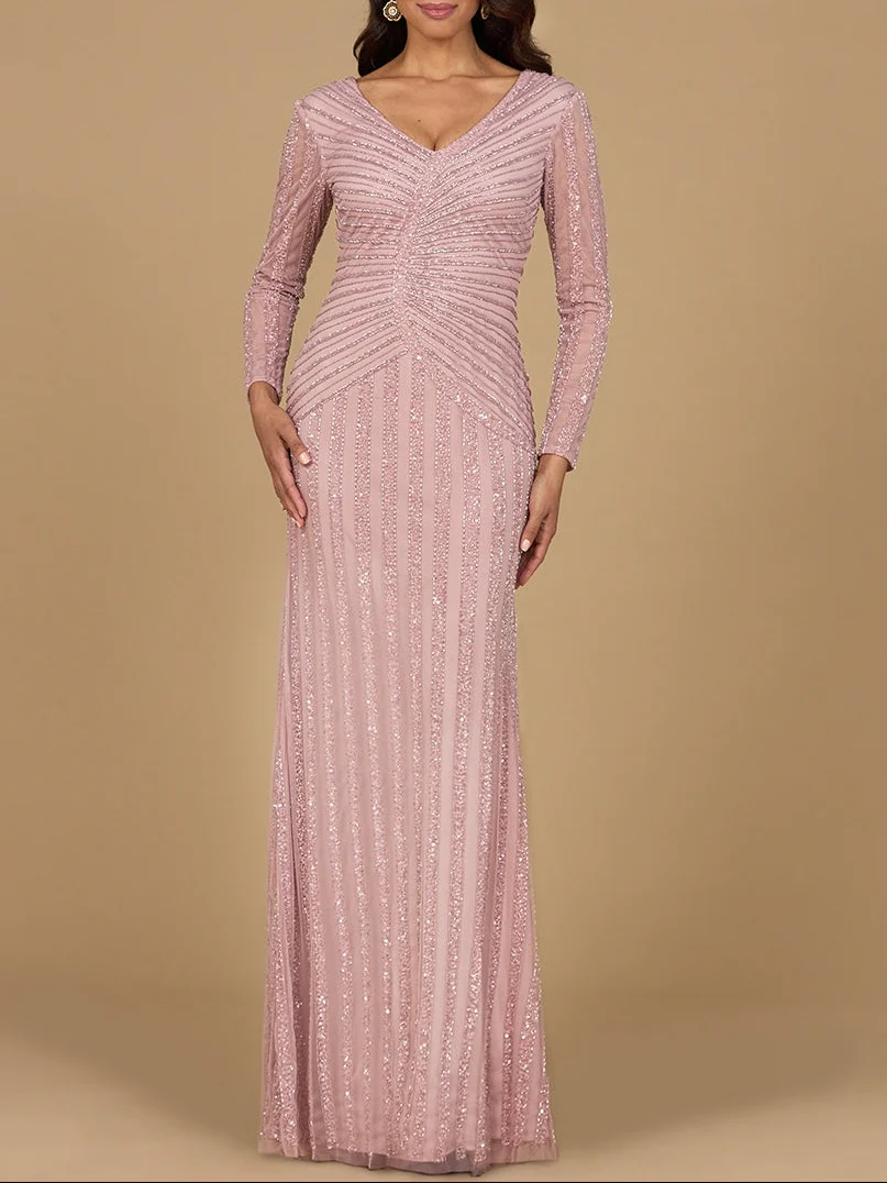 Long Sleeve Linear Beaded Gown