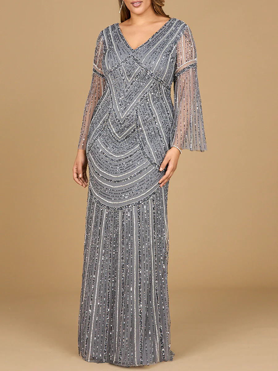 Long Sleeve Beaded Gown with Trumpet Sleeves