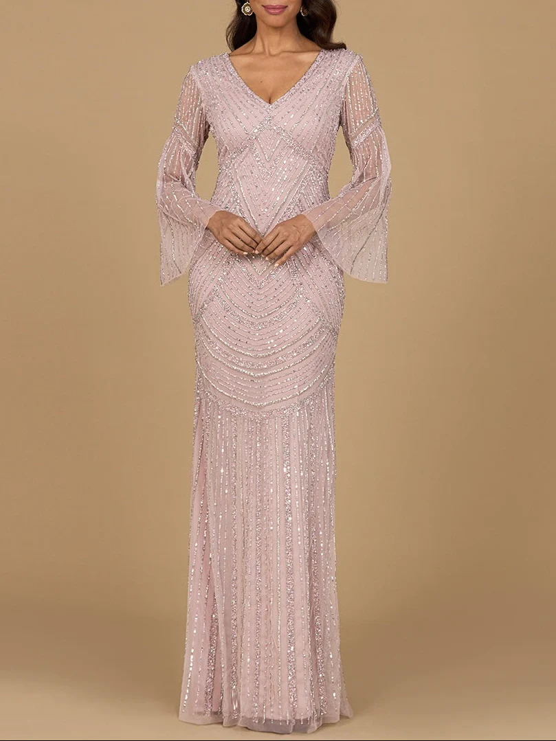 Long Sleeve Beaded Gown with Trumpet Sleeves - Image 2