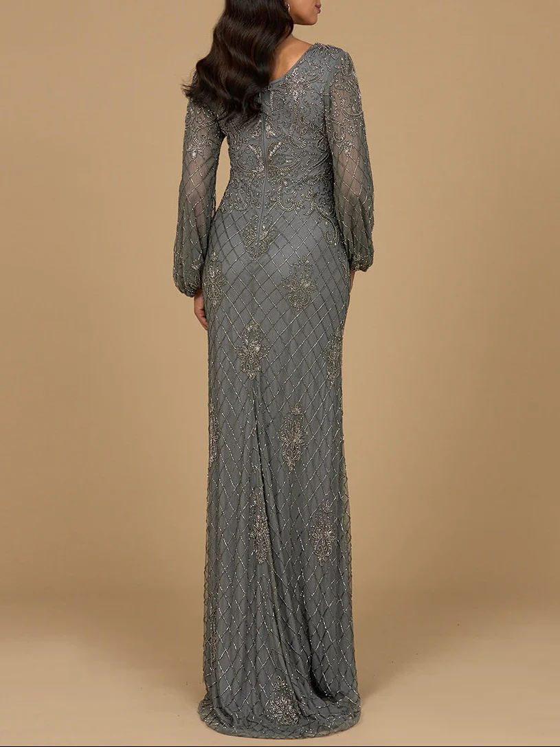 Long Sleeve Beaded Gown with Bishop Sleeves - Image 2