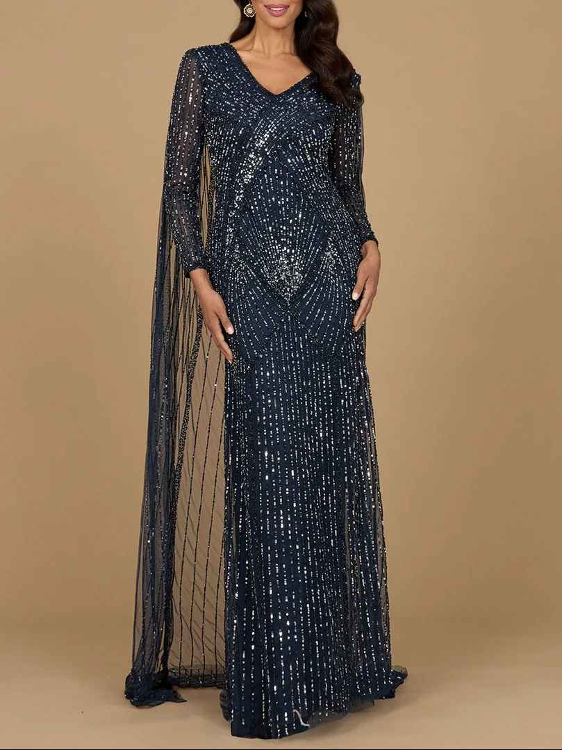 Long Sleeve Beaded Gown with Cape - Image 2