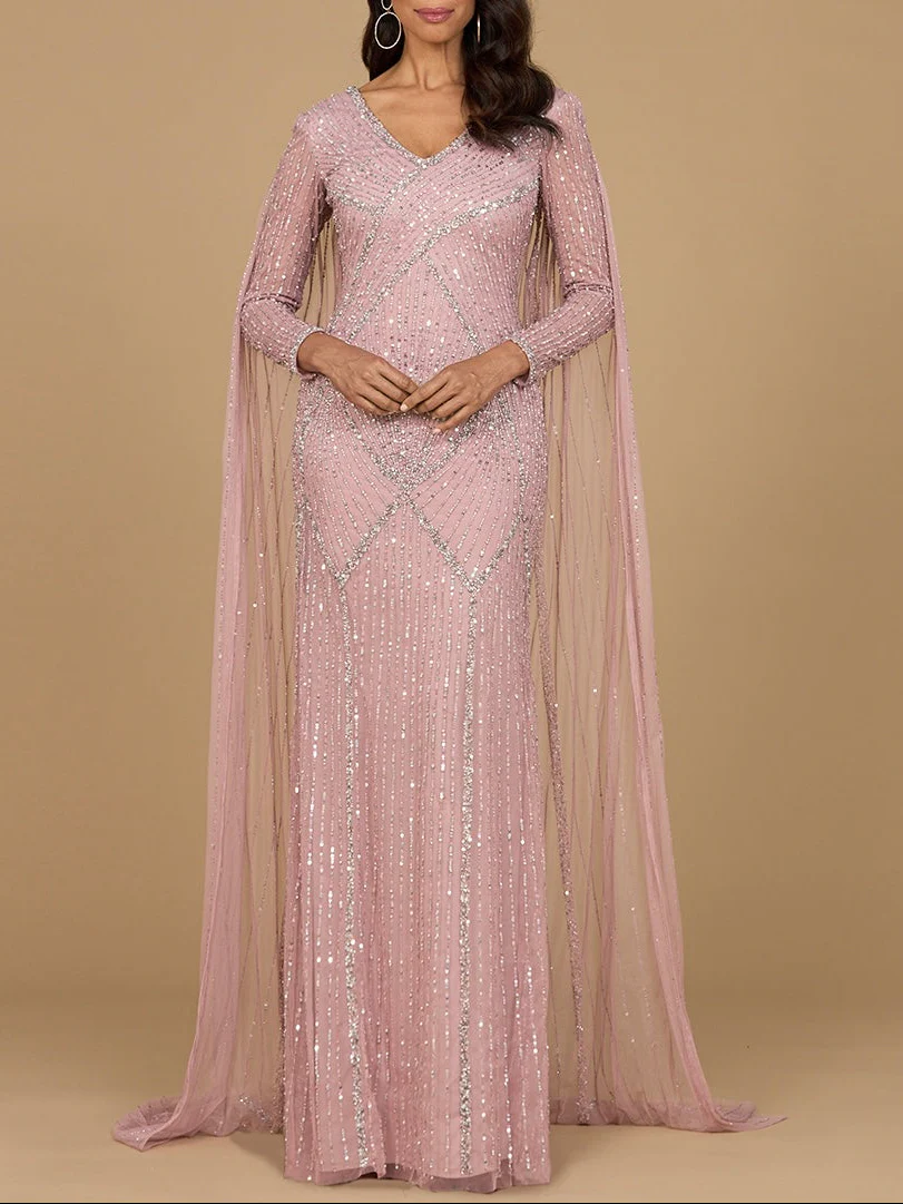 Long Sleeve Beaded Gown with Cape - Image 3
