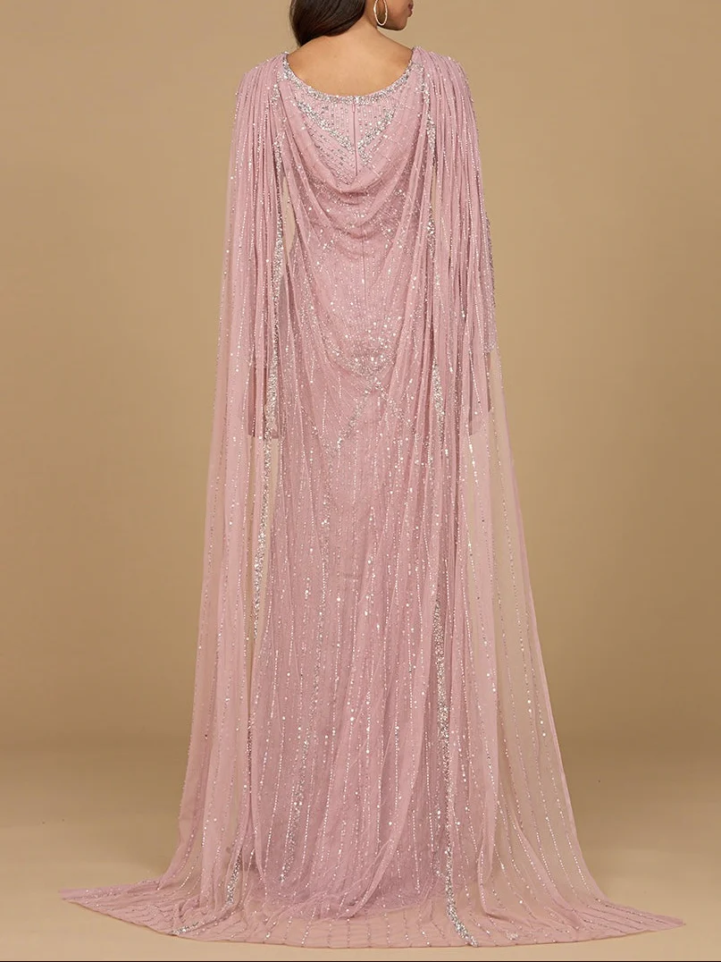 Long Sleeve Beaded Gown with Cape - Image 4
