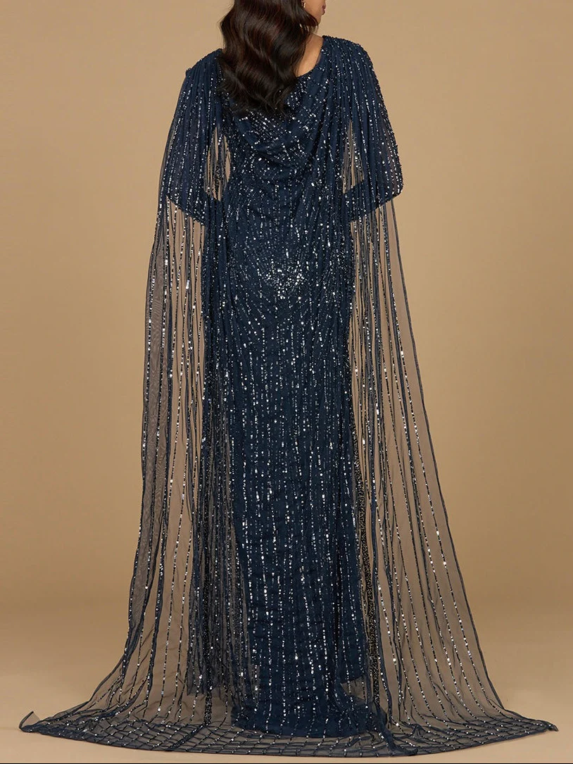 Long Sleeve Beaded Gown with Cape - Image 5