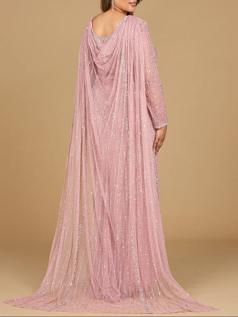 Long Sleeve Beaded Gown with Cape - Image 6