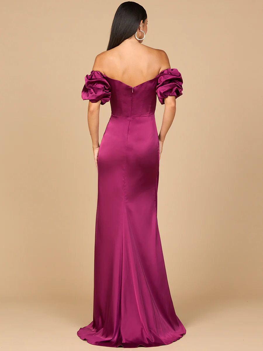 Off Shoulder Satin Dress with Slit - Image 3