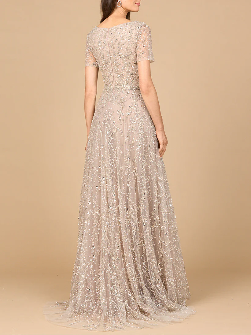 Short Sleeve V-Neck Beaded Ballgown - Image 2