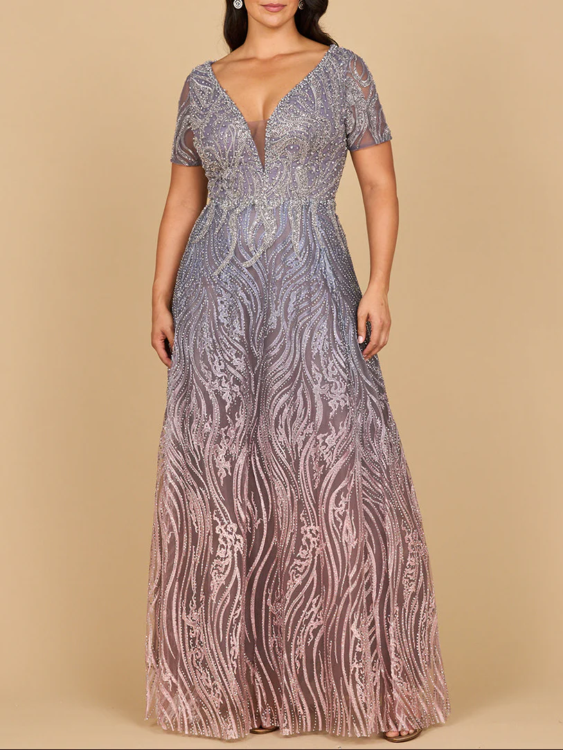 Lara 28961 - Short Sleeve V-Neck Beaded Ballgown