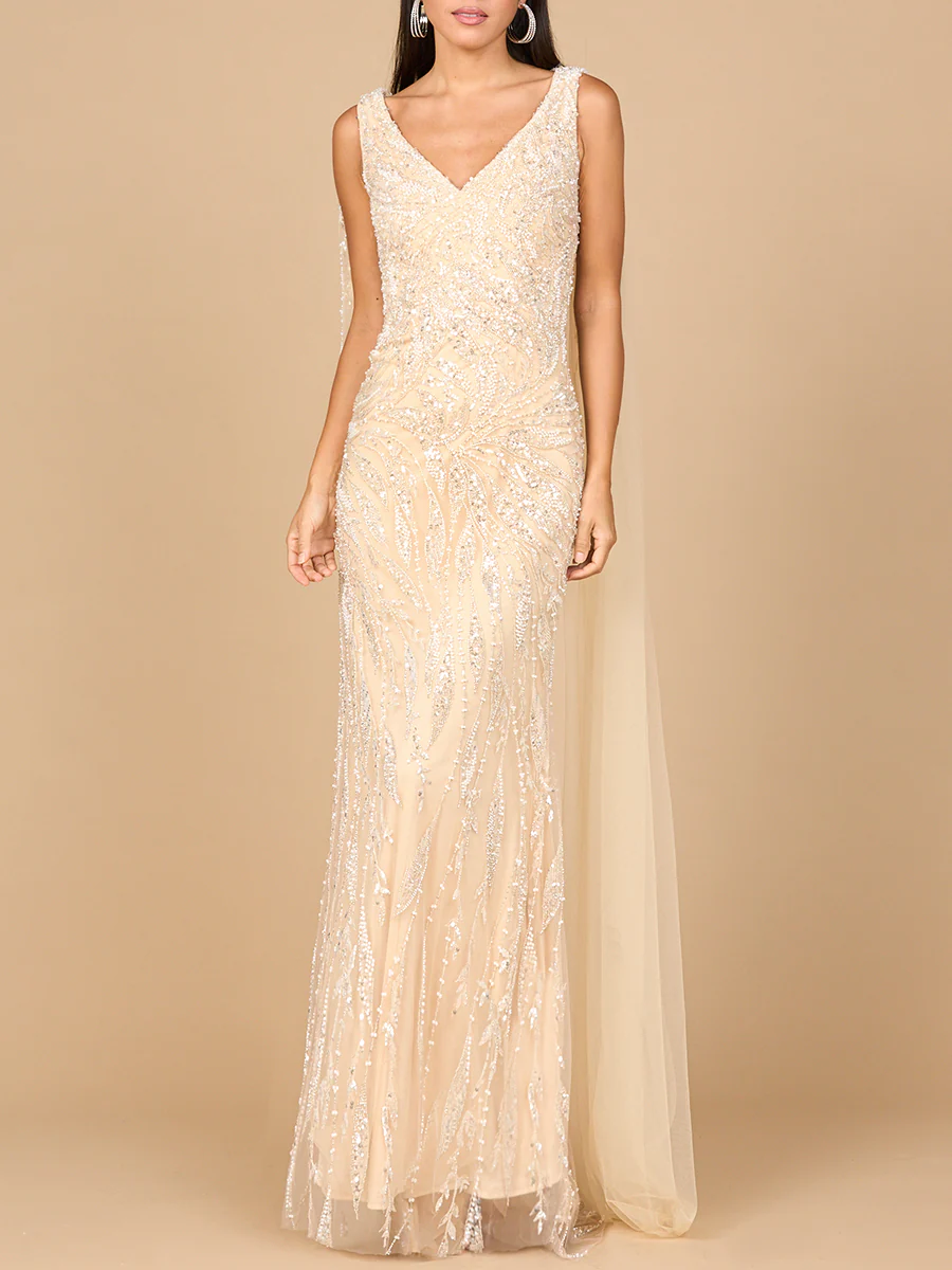 V-Neck Gown with Long Cape Sleeves - Image 2