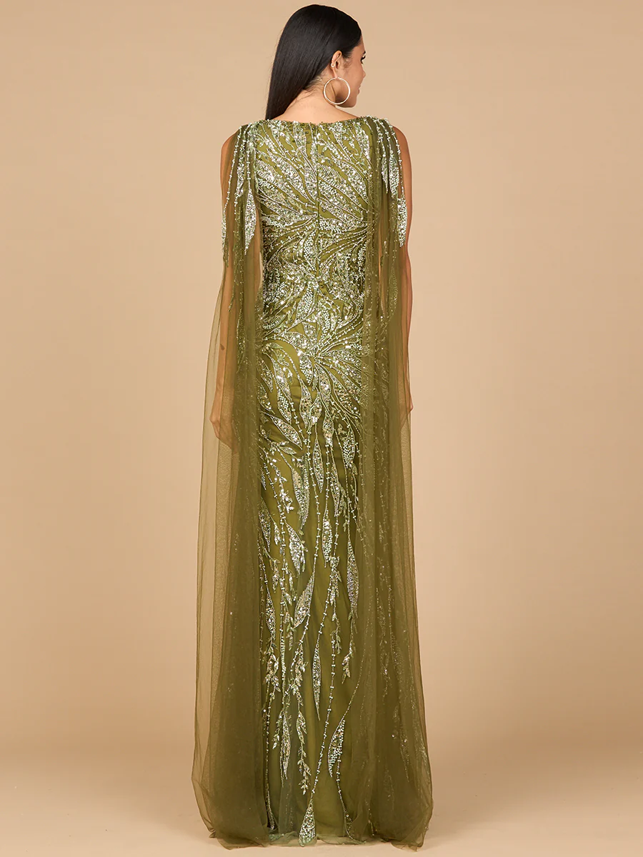 V-Neck Gown with Long Cape Sleeves - Image 3