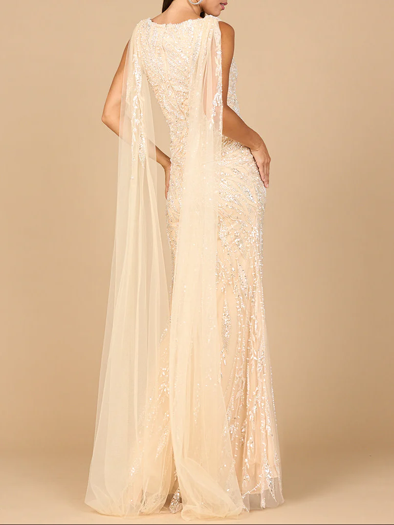 V-Neck Gown with Long Cape Sleeves - Image 4