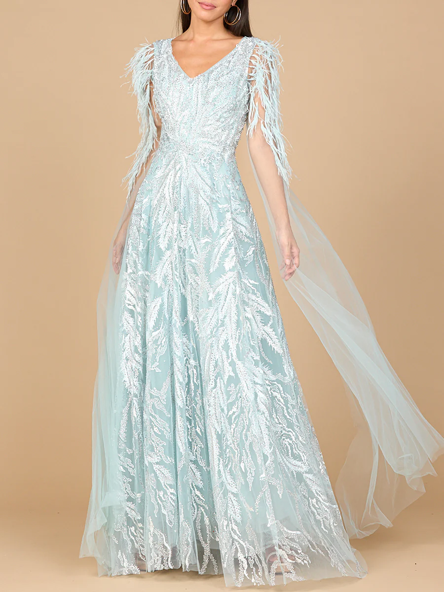 V-Neck Lace Gown with Cape Sleeves - Image 3