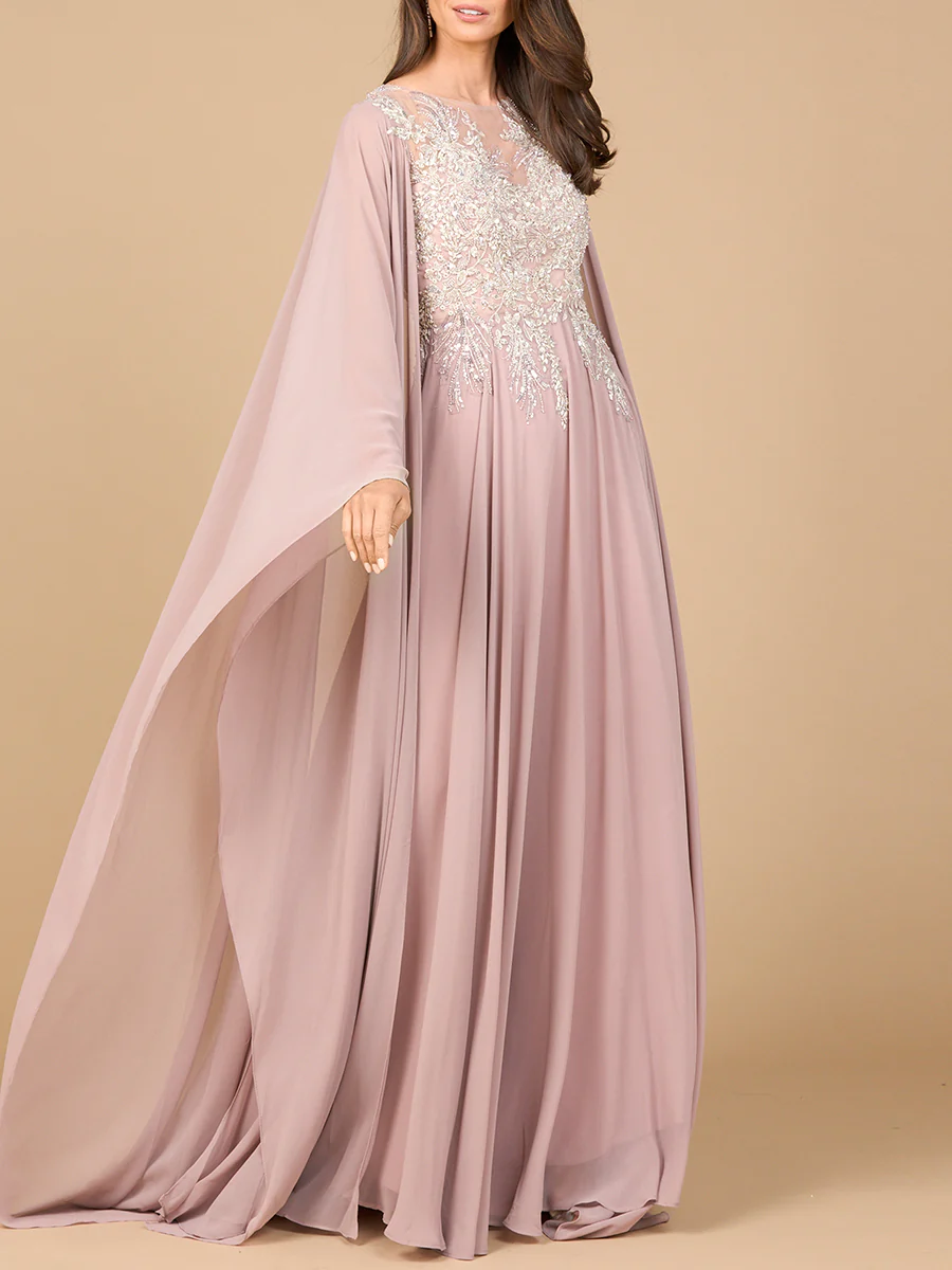 Chiffon A-line Long Gown with Cape Sleeves - Image 2