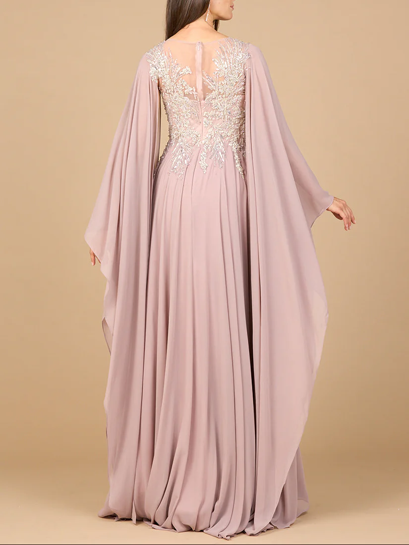 Chiffon A-line Long Gown with Cape Sleeves - Image 3