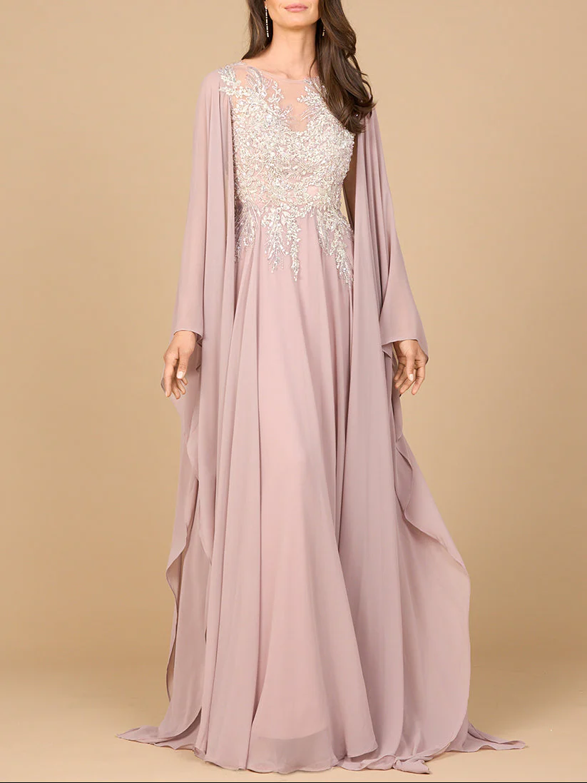 Chiffon A-line Long Gown with Cape Sleeves - Image 4