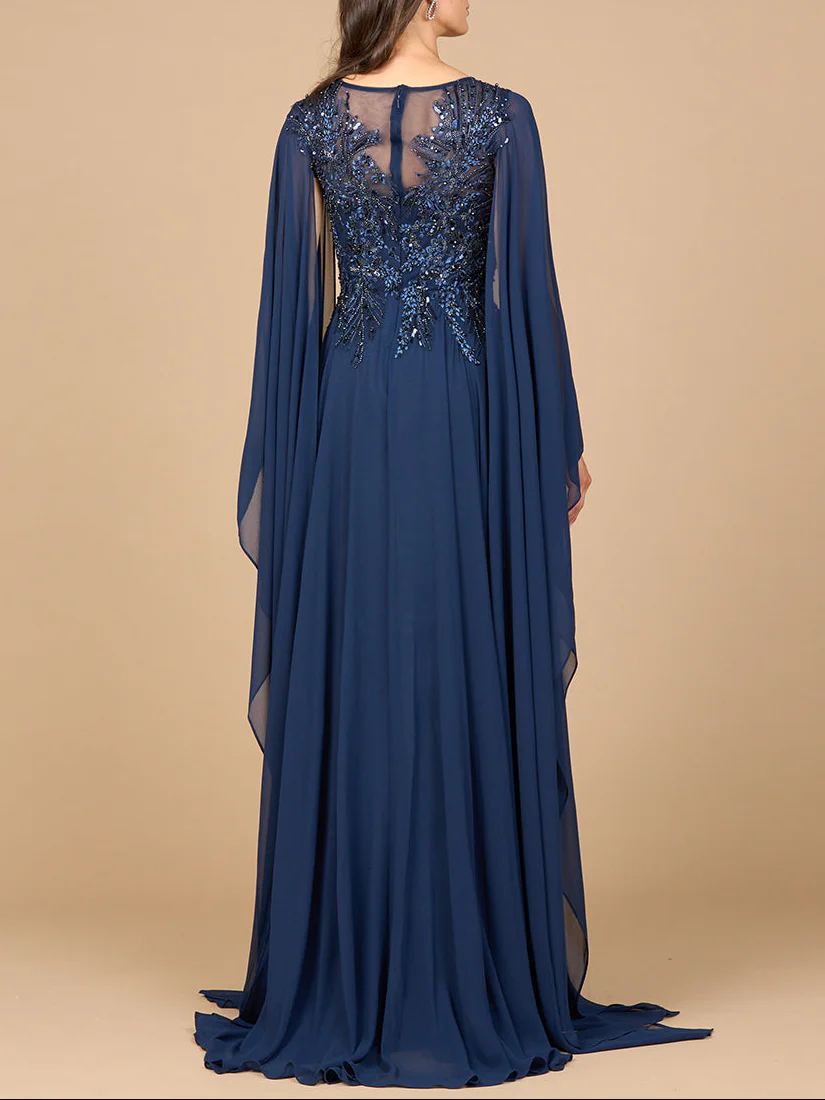 Chiffon A-line Long Gown with Cape Sleeves - Image 5