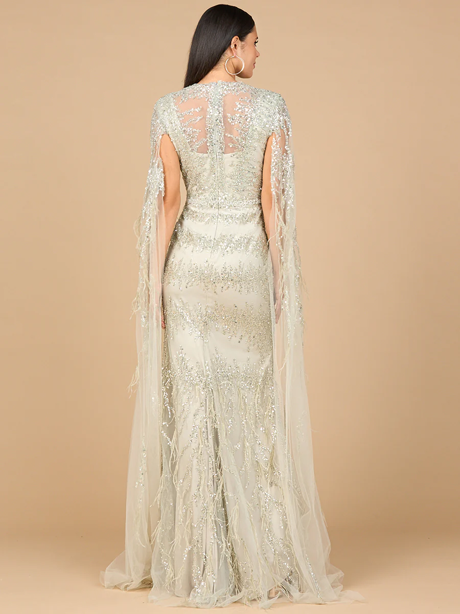 V-Neck Gown with Long Cape Sleeves and Feathers - Image 2
