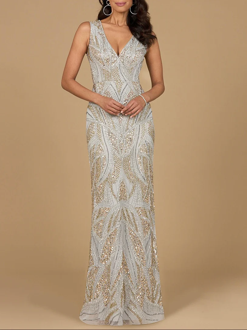 Beaded V-Neck Gown - OUTLET