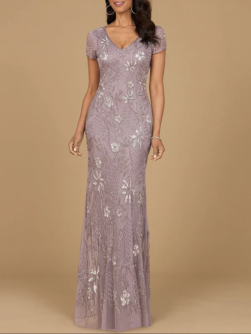 V-Neck, Short Sleeve Beaded Gown - Image 2