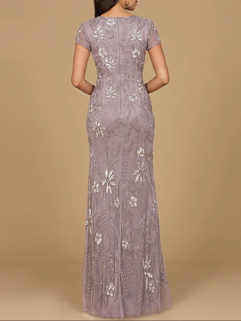 V-Neck, Short Sleeve Beaded Gown - Image 3