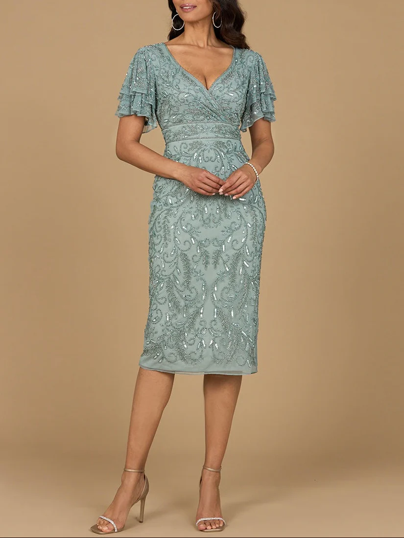 Beaded Midi Dress with Cape Sleeves - Image 2