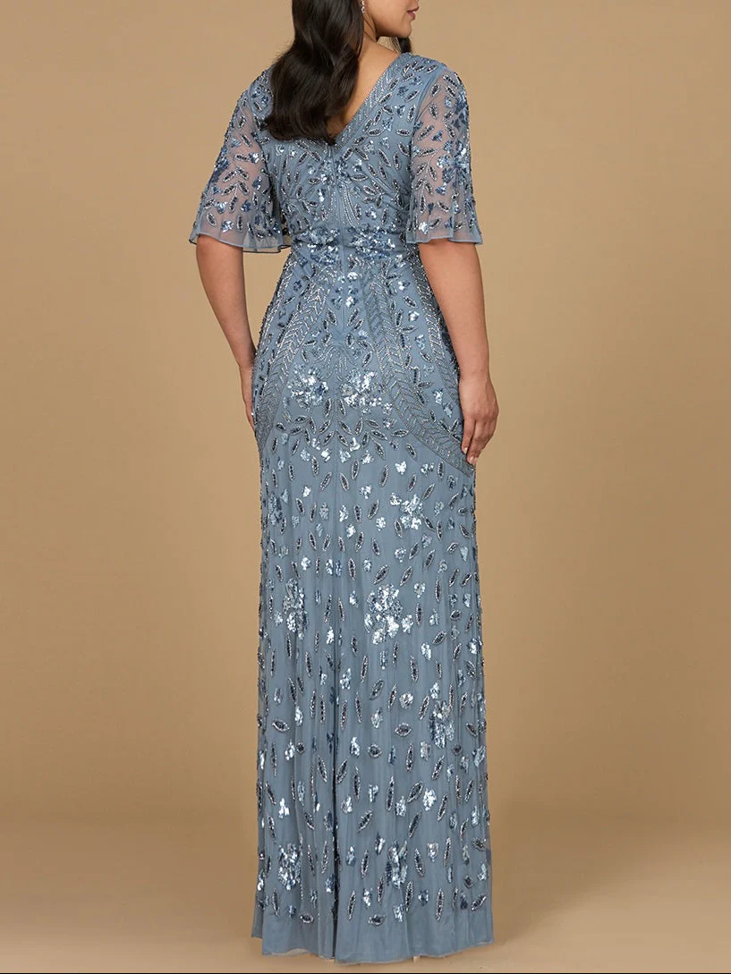 V-Neck, Cape Sleeve Beaded Gown - Image 2