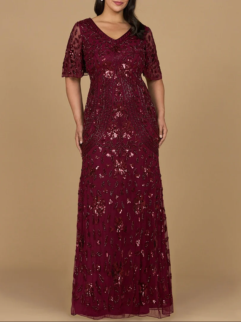 V-Neck, Cape Sleeve Beaded Gown - Image 3