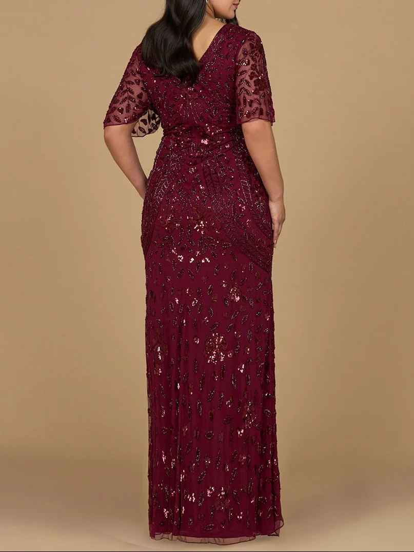 V-Neck, Cape Sleeve Beaded Gown - Image 4