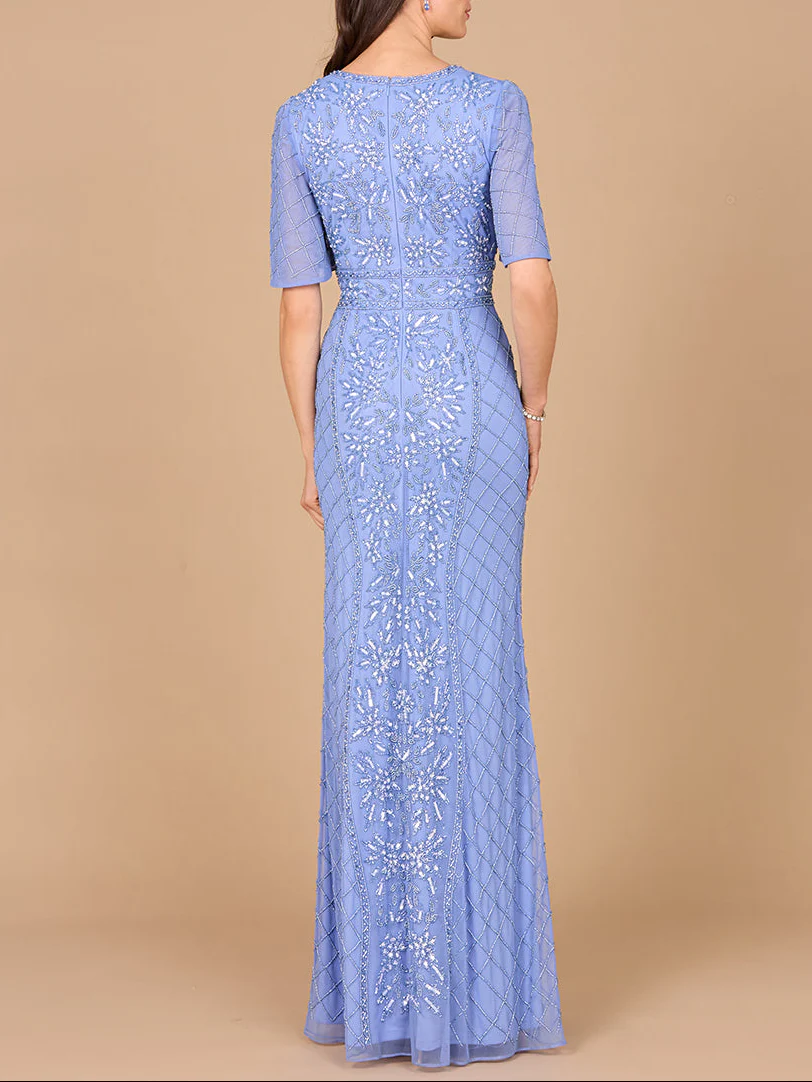 V-Neck, Cape Sleeve Beaded Gown with Belt - Image 2