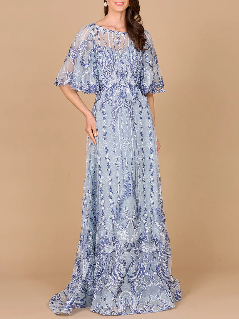 Embroidered, Cape Sleeve A-line Gown