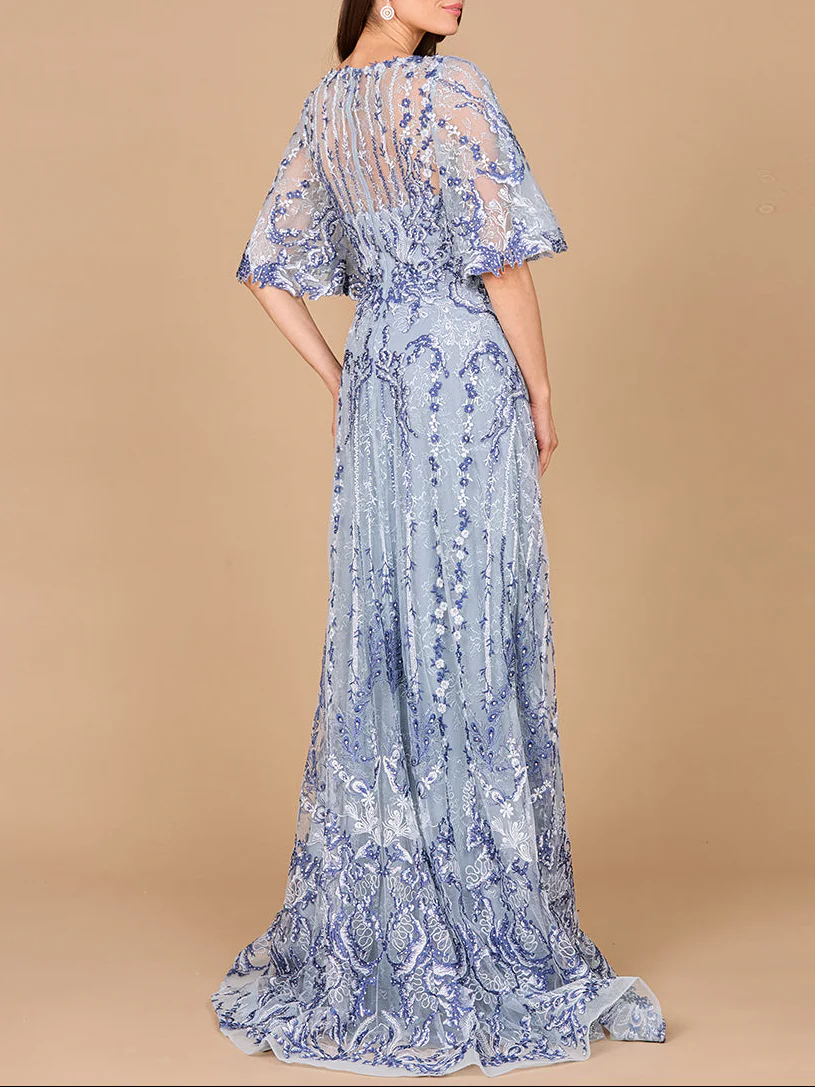 Embroidered, Cape Sleeve A-line Gown - Image 2