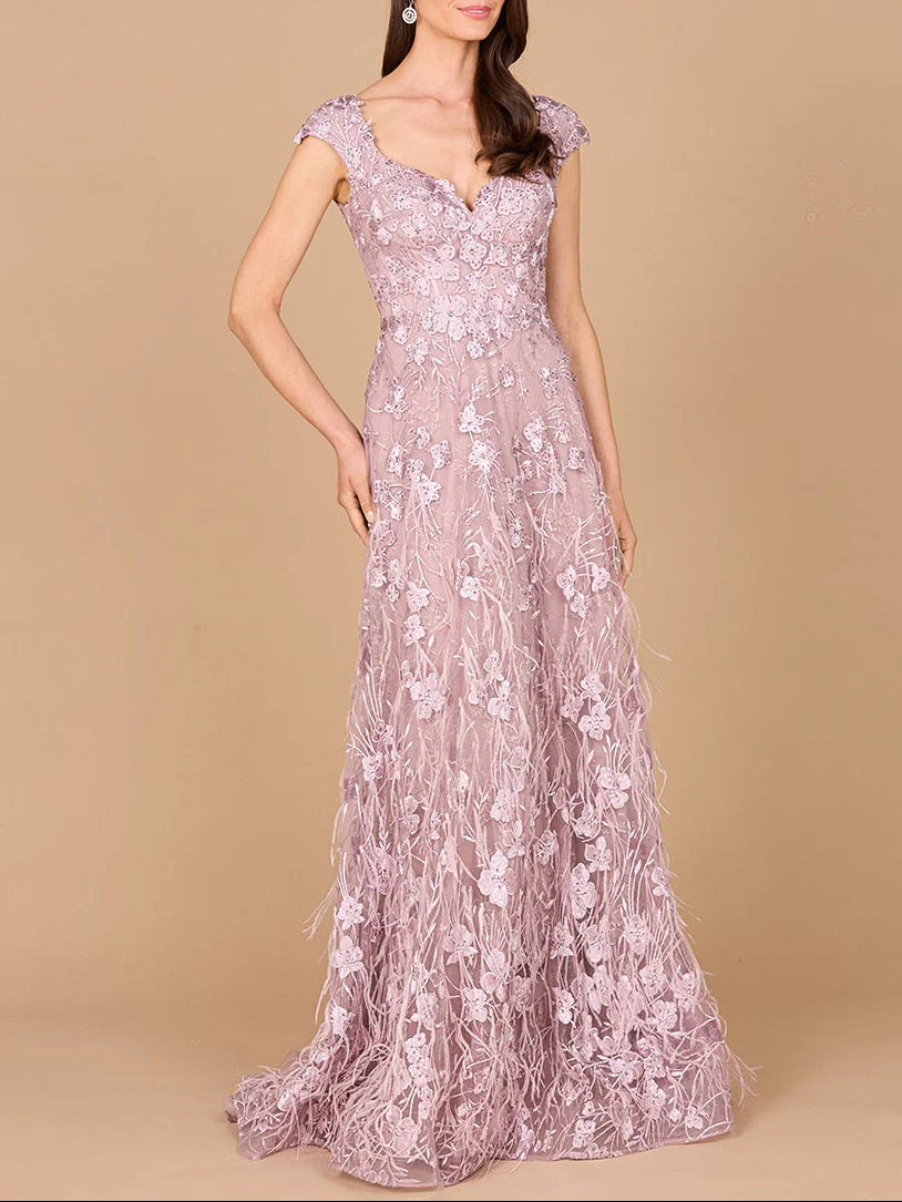 Cap Sleeves, A-line Dress with Feathers
